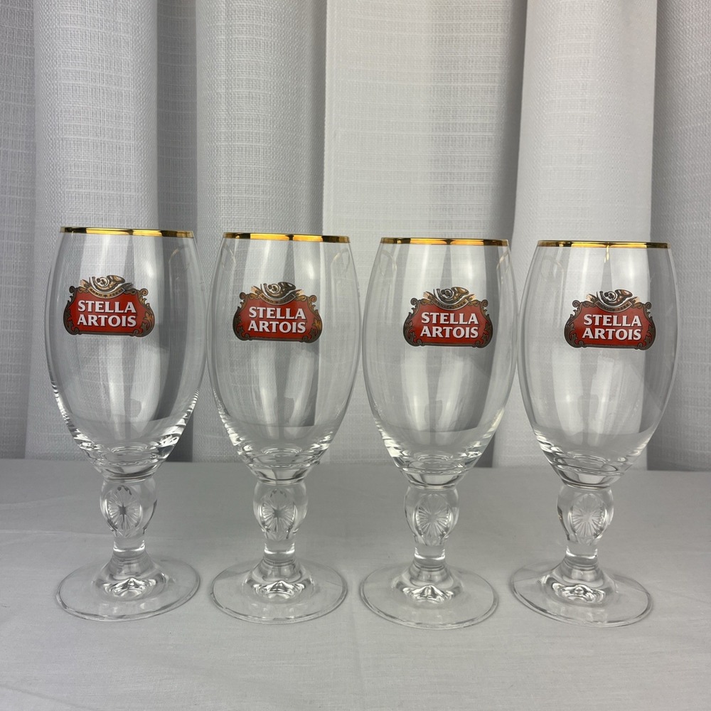 Stella Artois Beer Glasses Belgium Anno 1366 40 cl Set of 4 Gold Rimmed 8" Tall